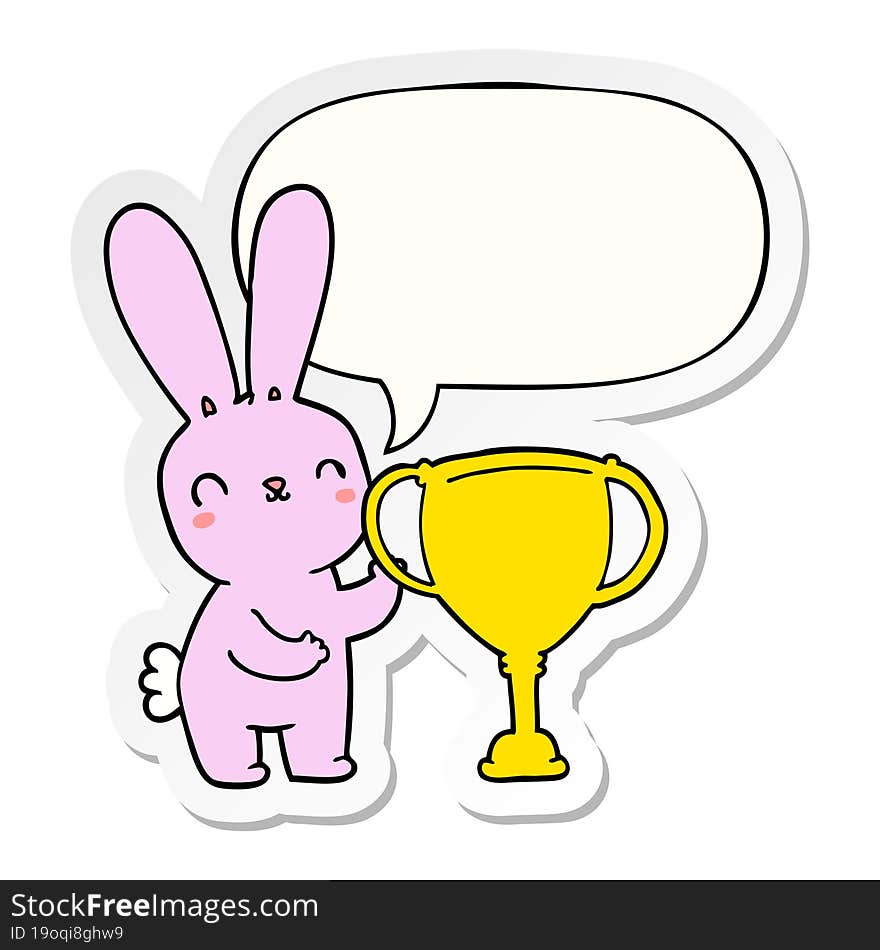 cute cartoon rabbit and sports trophy cup and speech bubble sticker