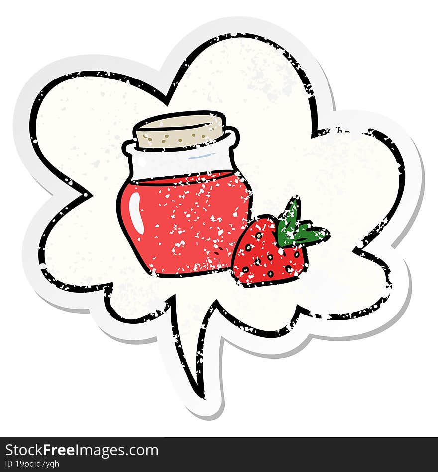 cartoon jar of strawberry jam and speech bubble distressed sticker