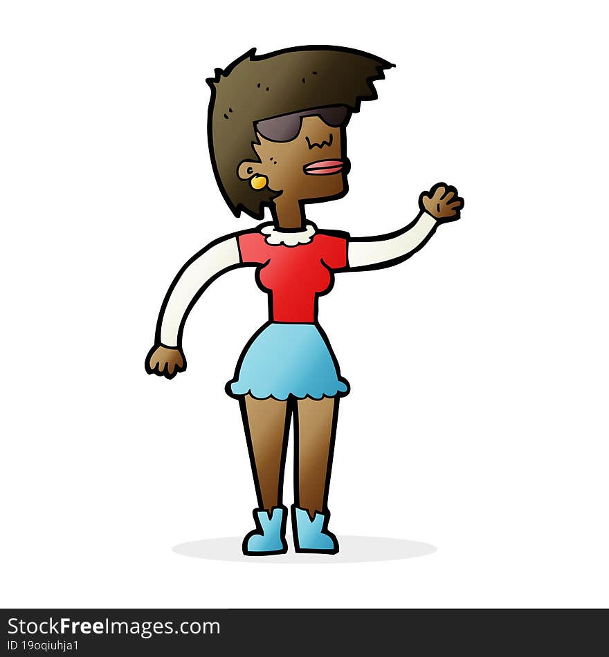 cartoon woman in spectacles waving