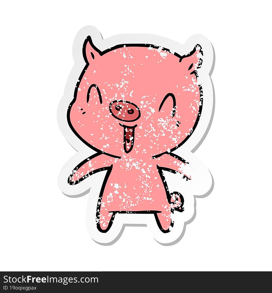 distressed sticker of a happy cartoon pig