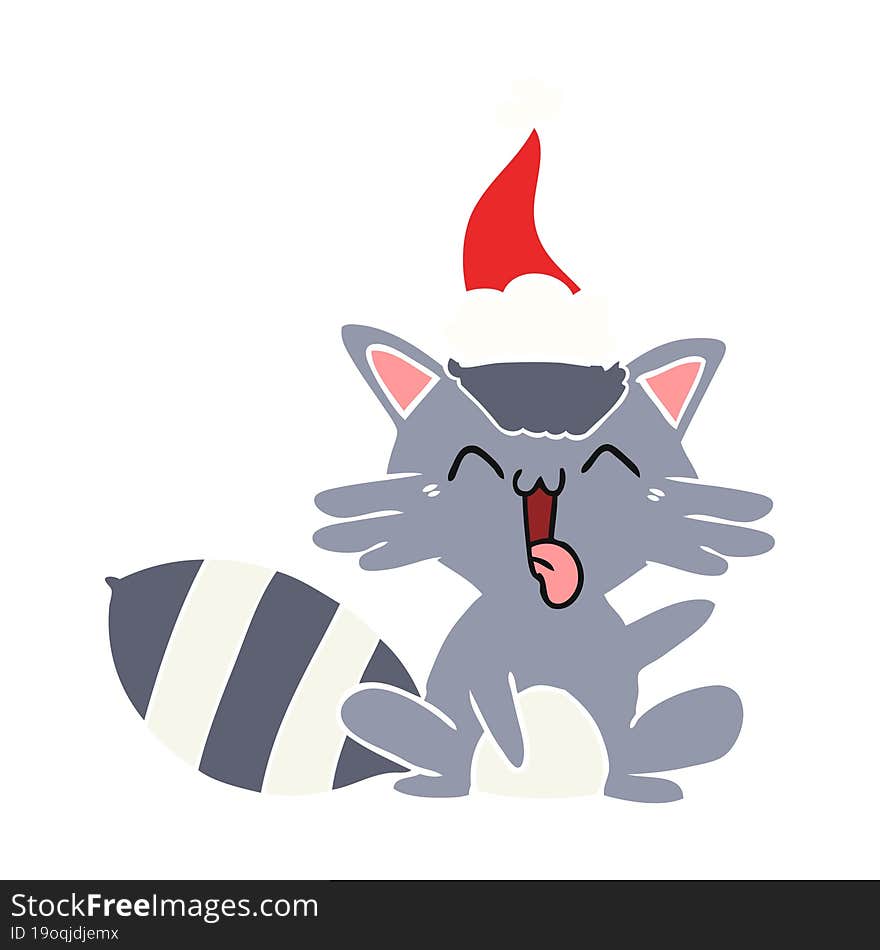 Cute Flat Color Illustration Of A Raccoon Wearing Santa Hat