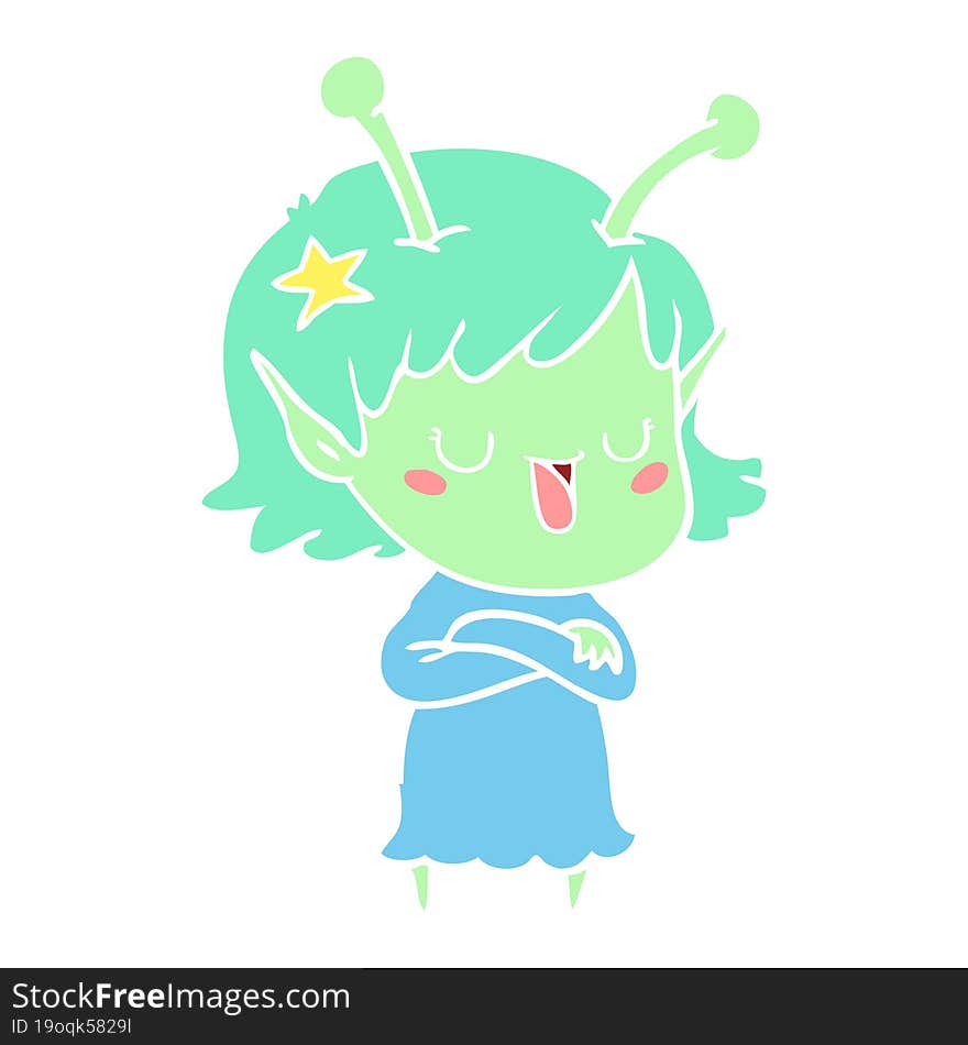 happy alien girl flat color style cartoon