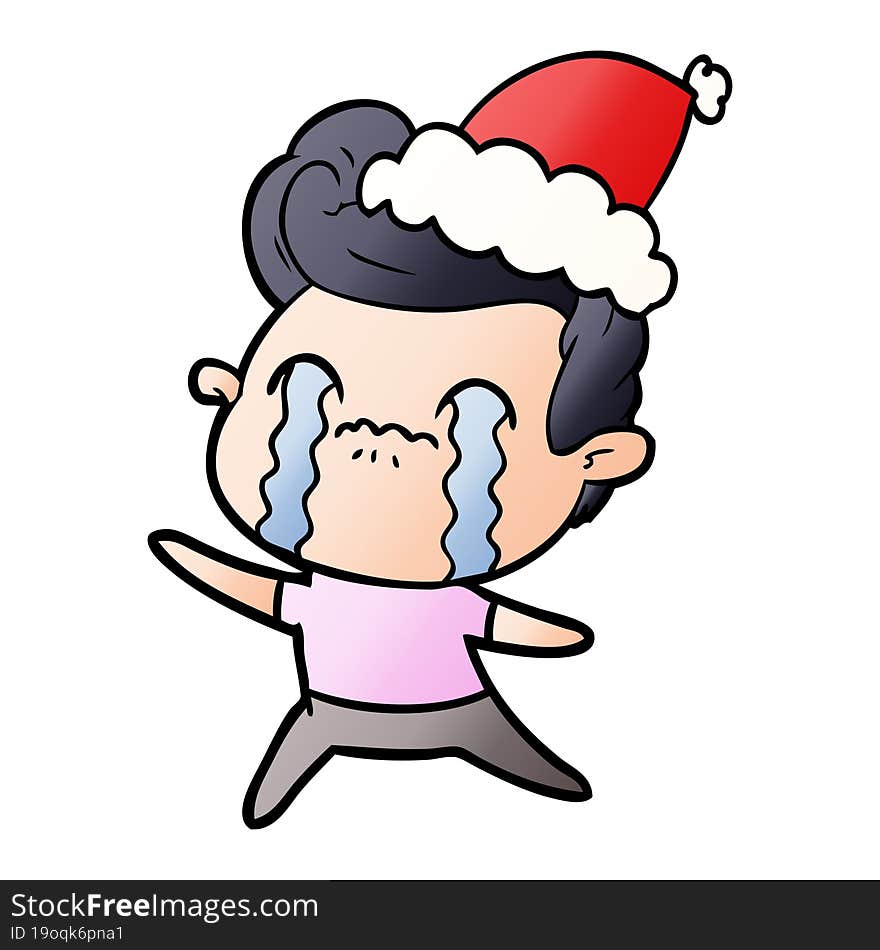 gradient cartoon of a man crying wearing santa hat