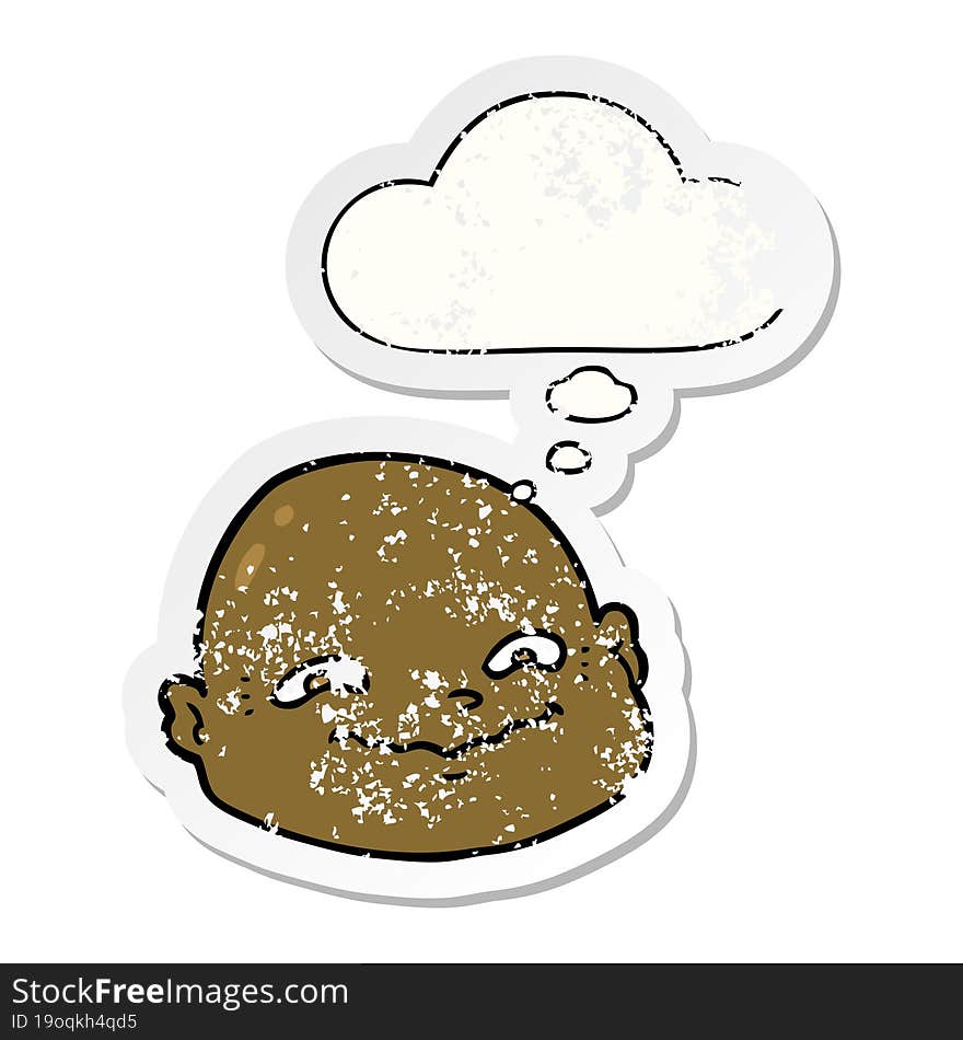 cartoon bald man and thought bubble as a distressed worn sticker