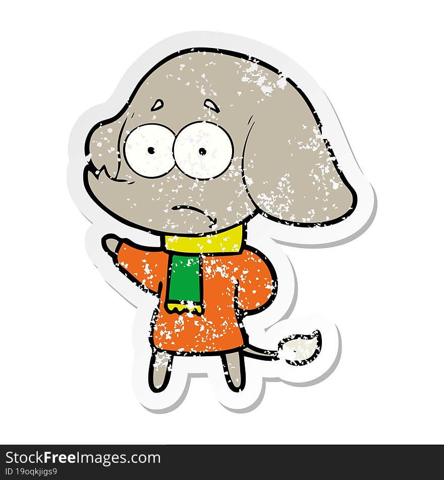 distressed sticker of a cartoon unsure elephant in scarf