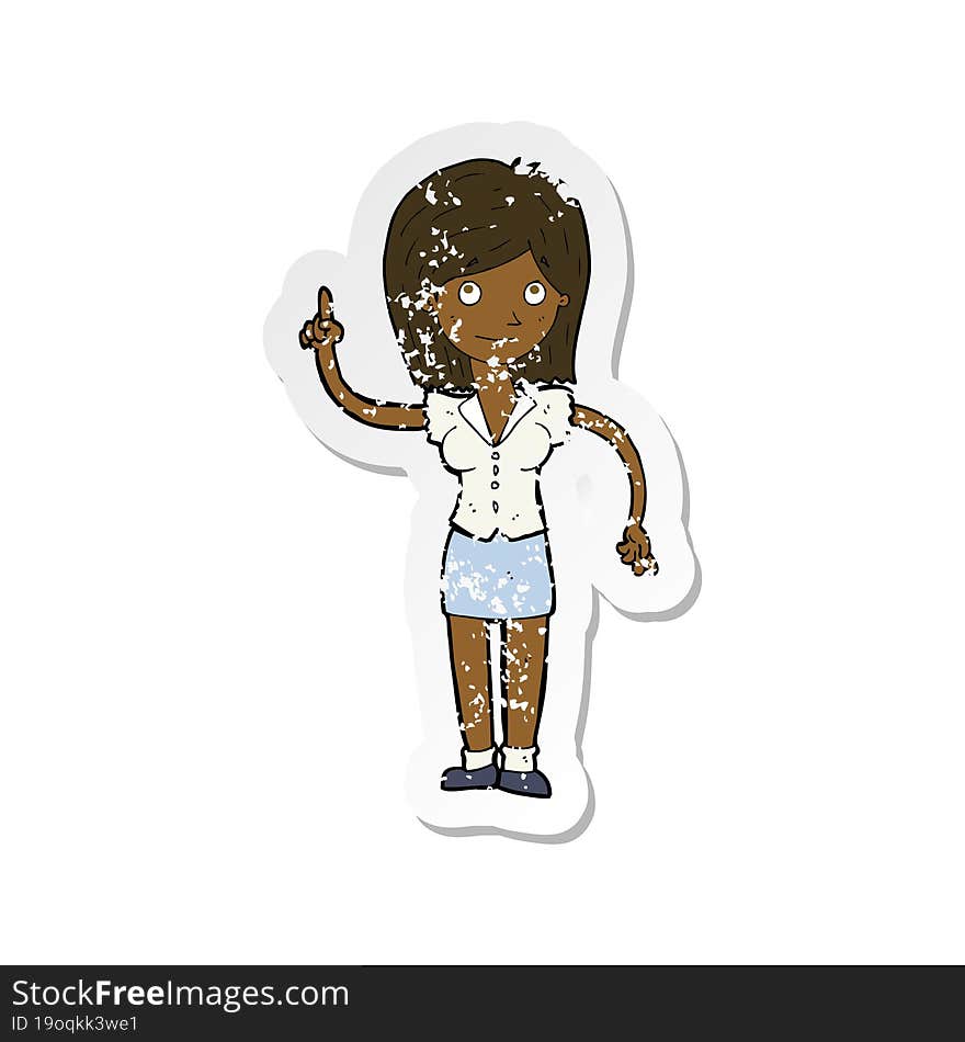 retro distressed sticker of a cartoon woman with idea