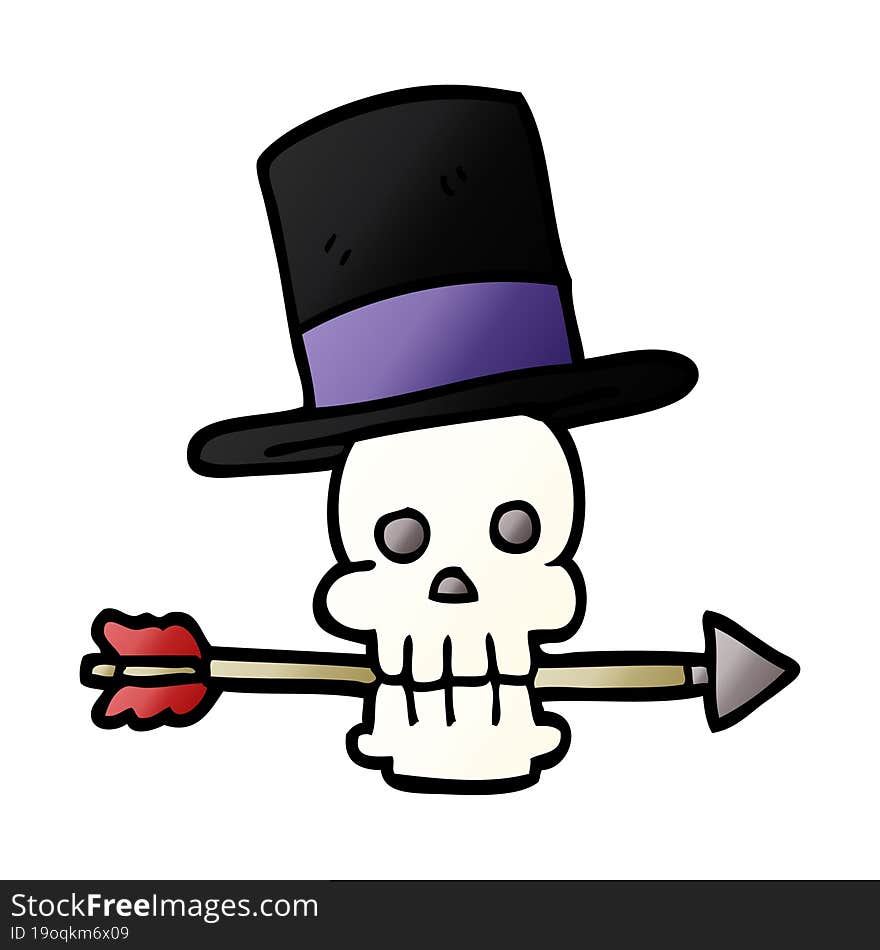 Cartoon Doodle Skull With Top Hat And Arrow