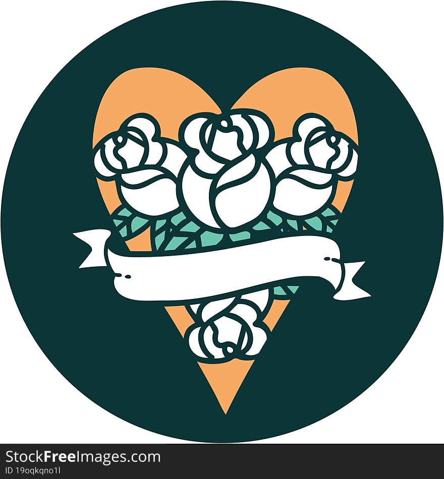 Tattoo Style Icon Of A Heart And Banner With Flowers