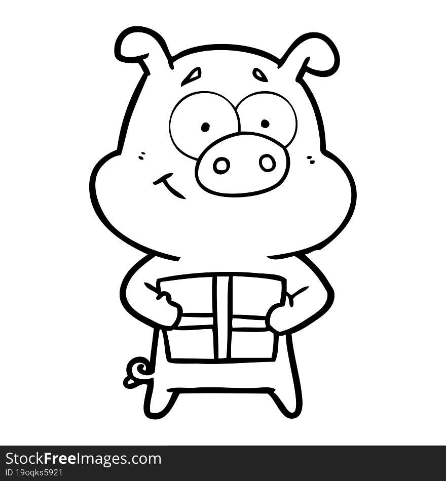 happy cartoon pig holding christmas present. happy cartoon pig holding christmas present