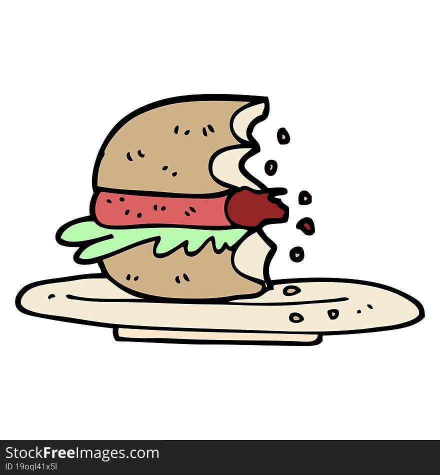 hand drawn doodle style cartoon half eaten burger