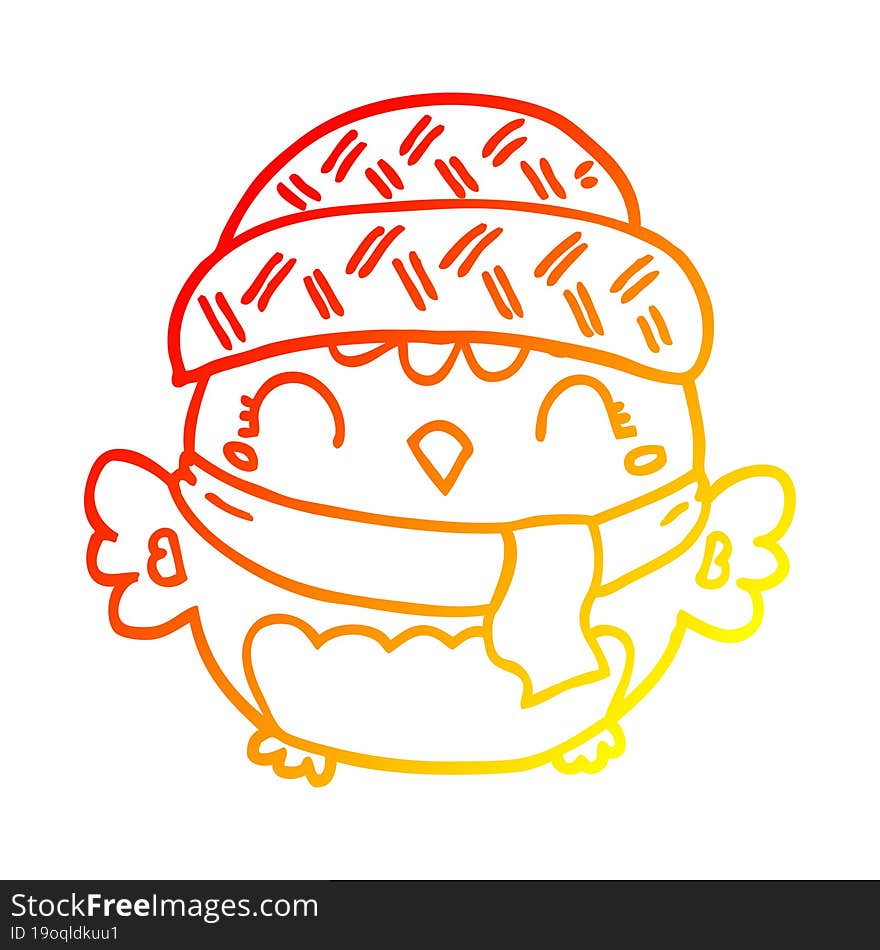 warm gradient line drawing cute cartoon owl in hat