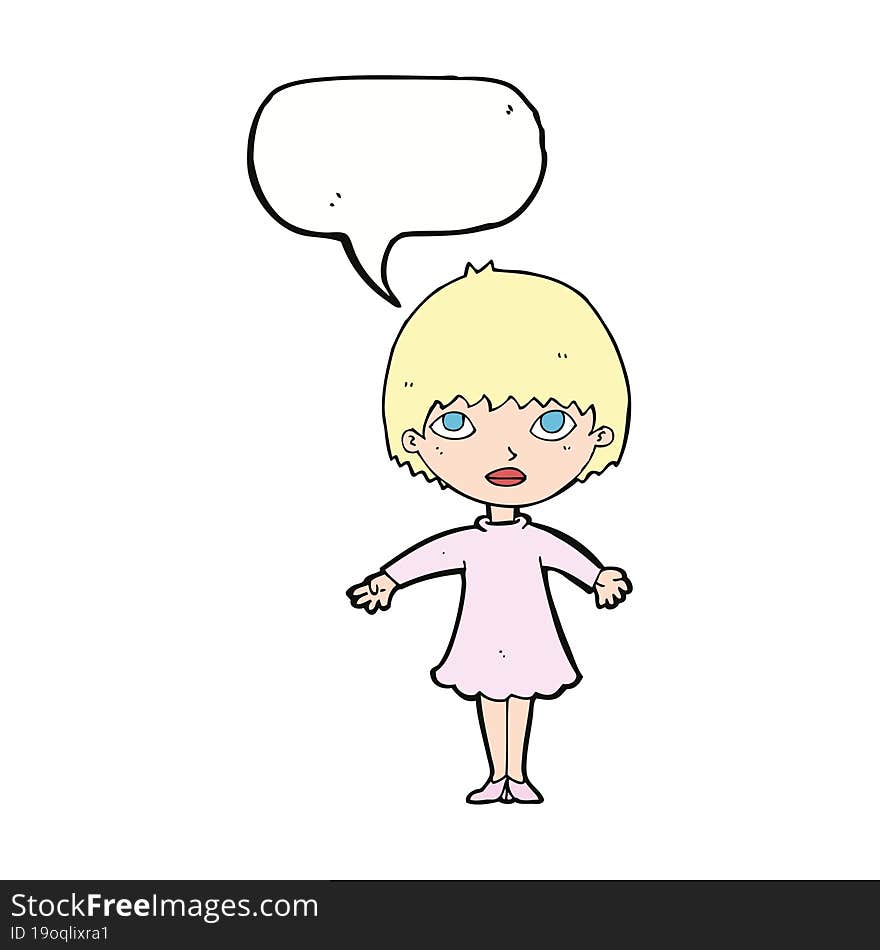 cartoon woman in dress with speech bubble