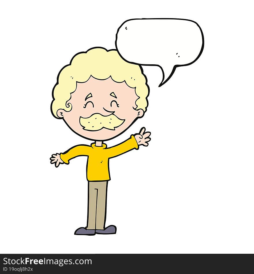 cartoon man with mustache waving with speech bubble