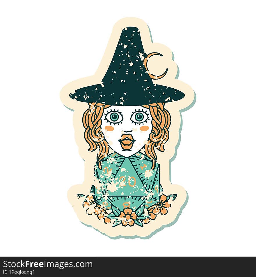 grunge sticker of a human witch with natural twenty dice roll. grunge sticker of a human witch with natural twenty dice roll