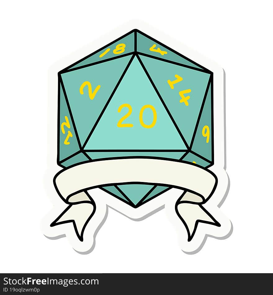 sticker of a natural 20 critical hit D20 dice roll. sticker of a natural 20 critical hit D20 dice roll