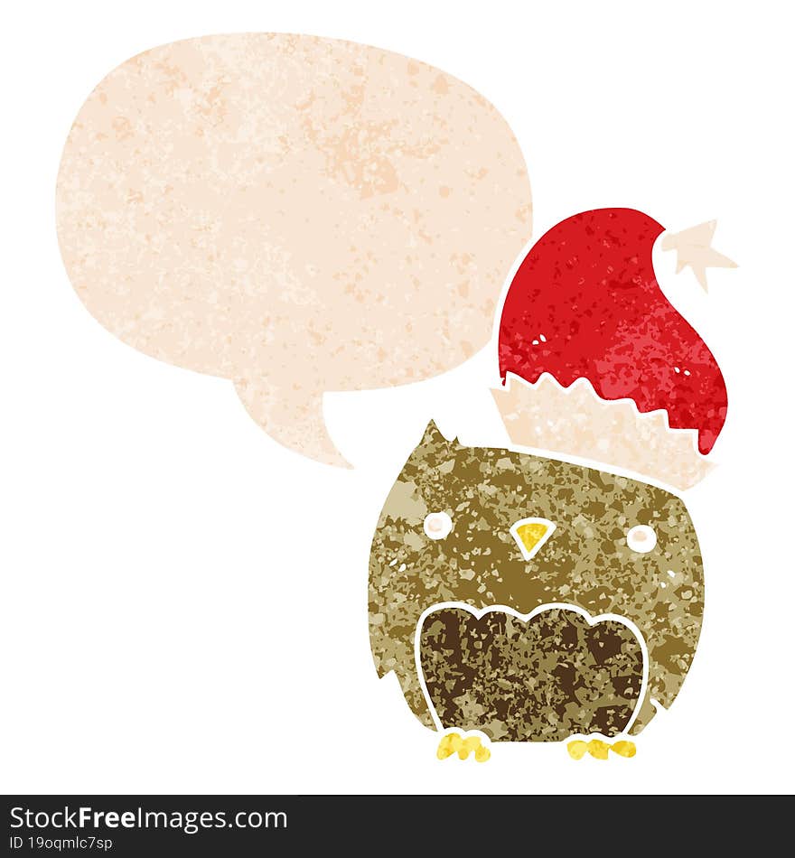 cute christmas owl and speech bubble in retro textured style