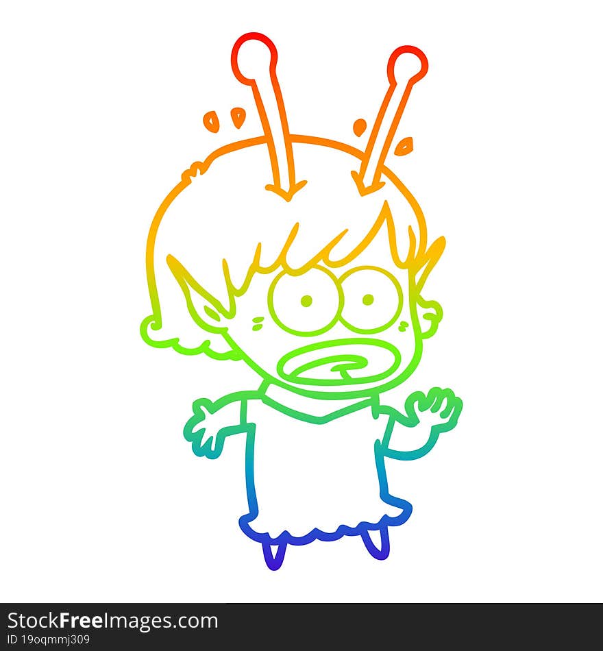 rainbow gradient line drawing of a cartoon shocked alien girl