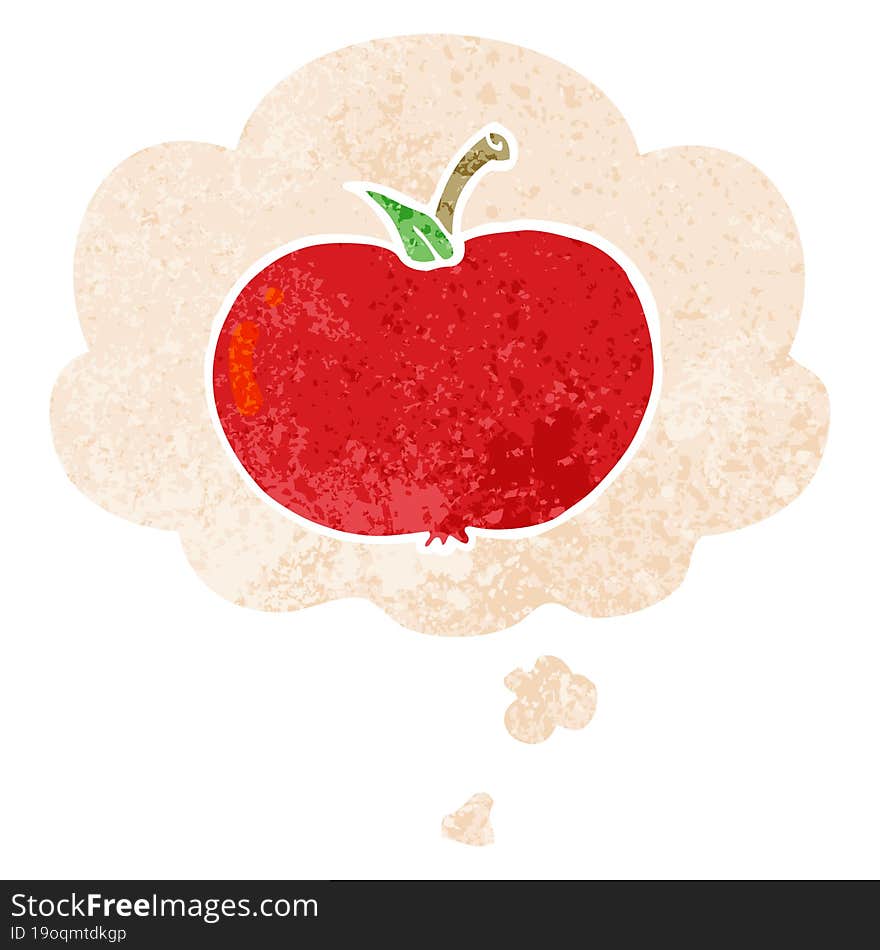 cartoon apple and thought bubble in retro textured style