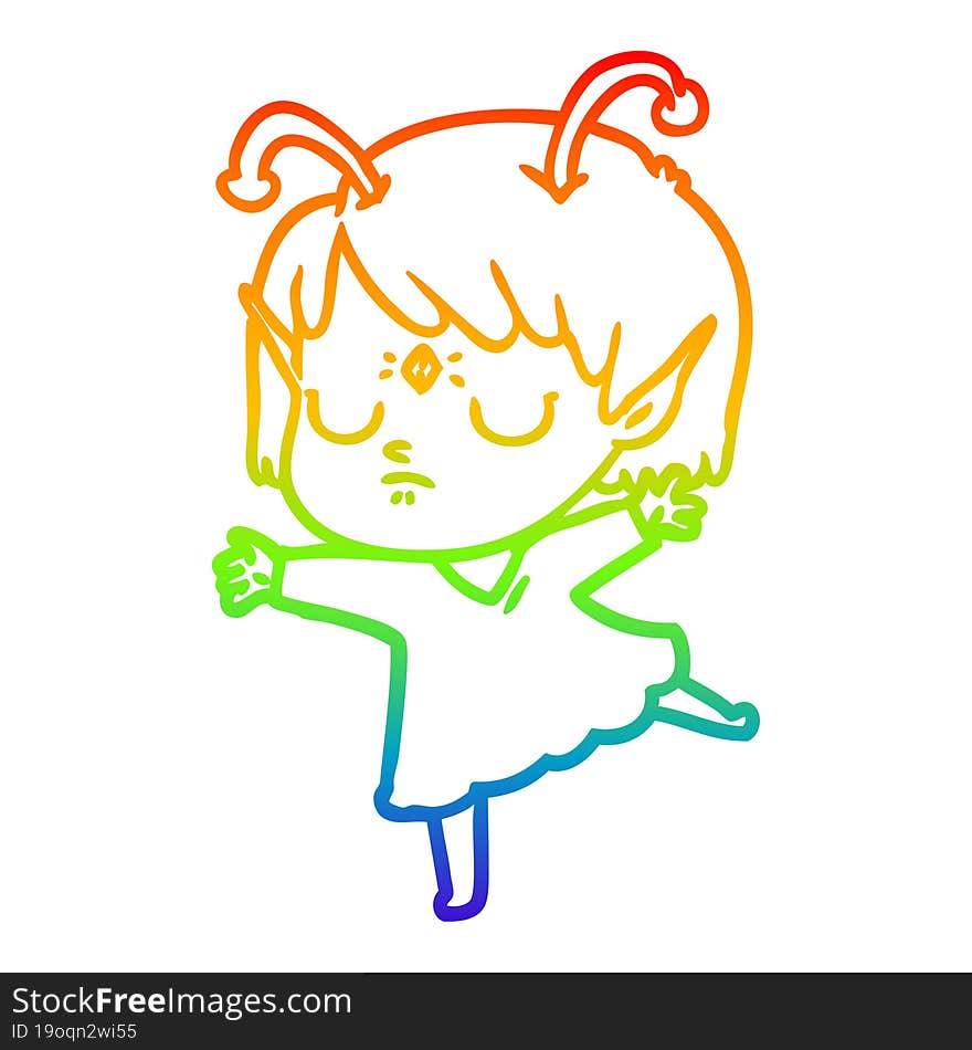 rainbow gradient line drawing of a cartoon alien girl