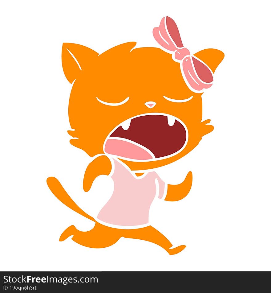 flat color style cartoon yawning cat