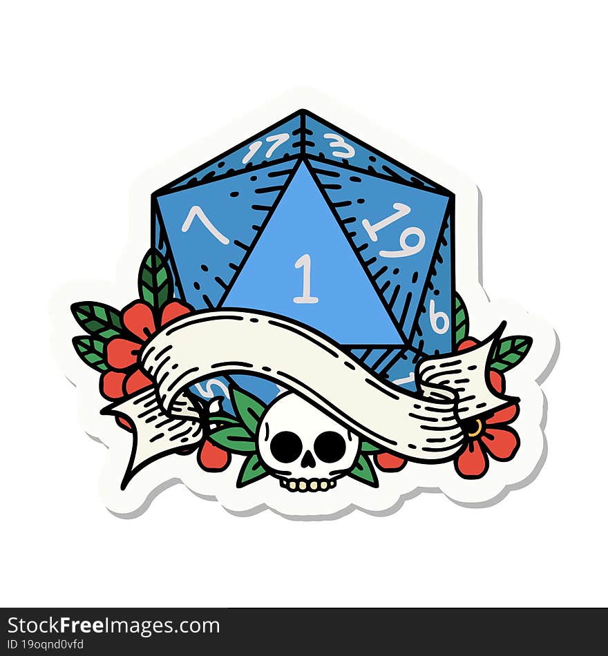 sticker of a natural one d20 dice roll. sticker of a natural one d20 dice roll