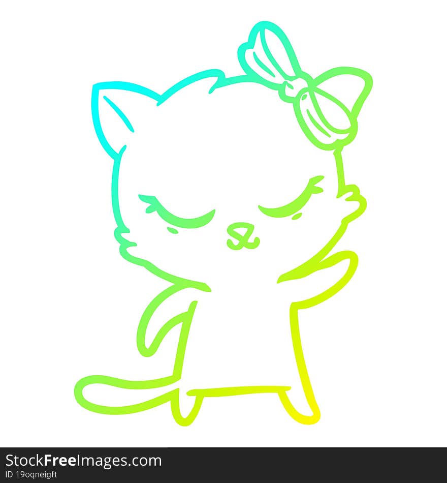 cold gradient line drawing of a cute cartoon cat with bow