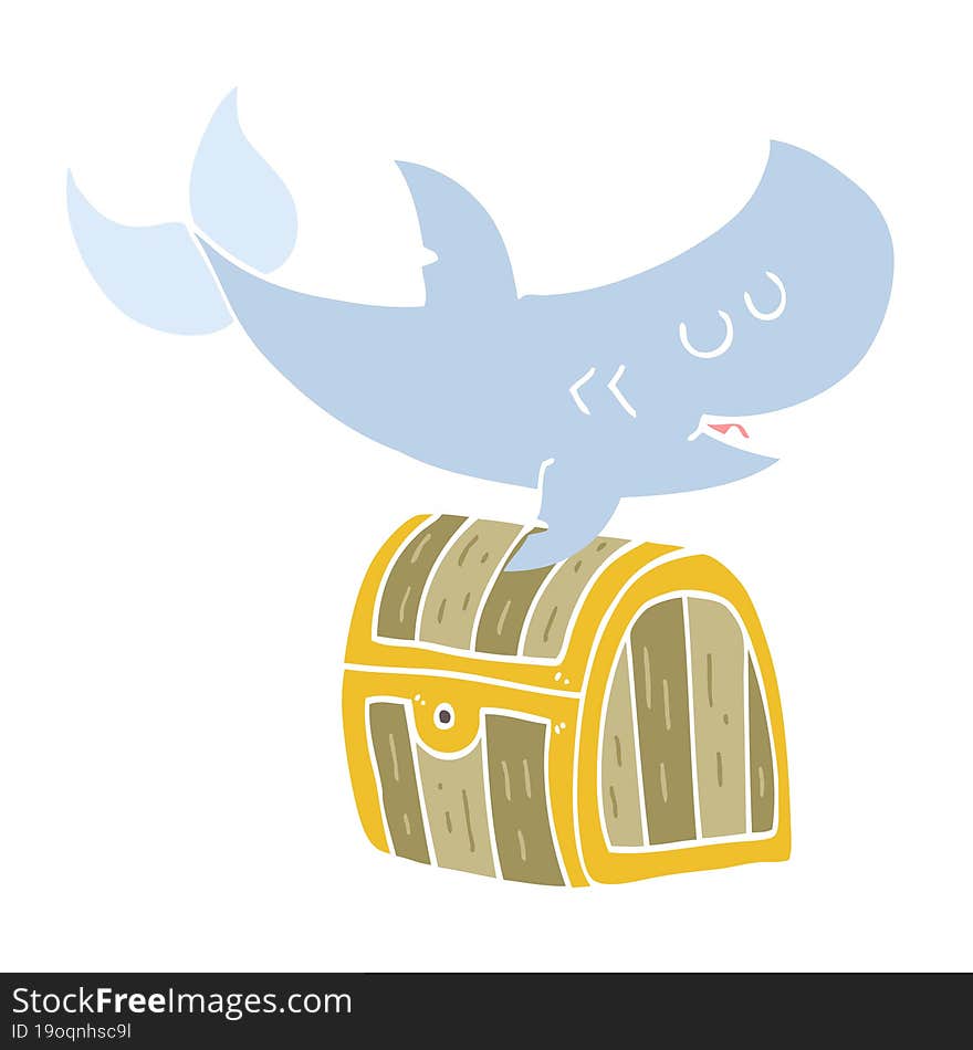 flat color style cartoon shark swimming over treasure chest