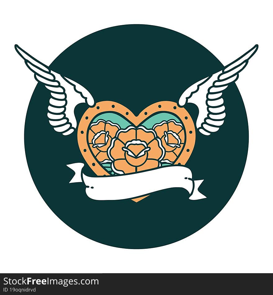 tattoo style icon of a flying heart with flowers and banner