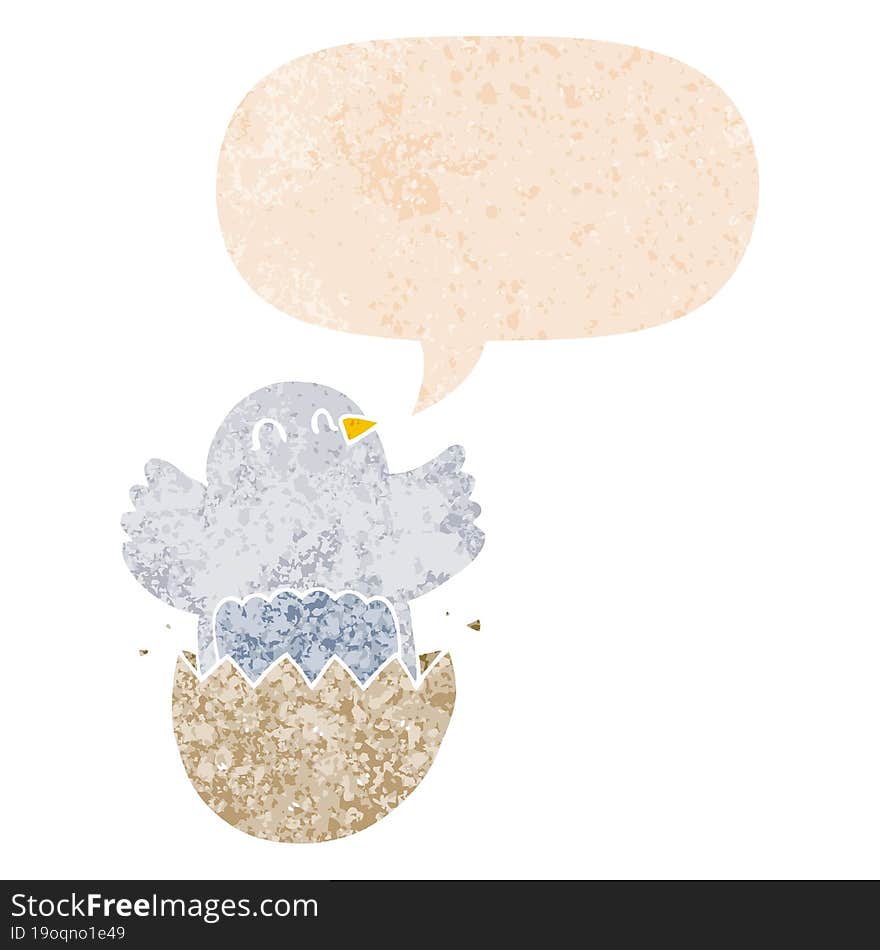 cartoon hatching chicken and speech bubble in retro textured style