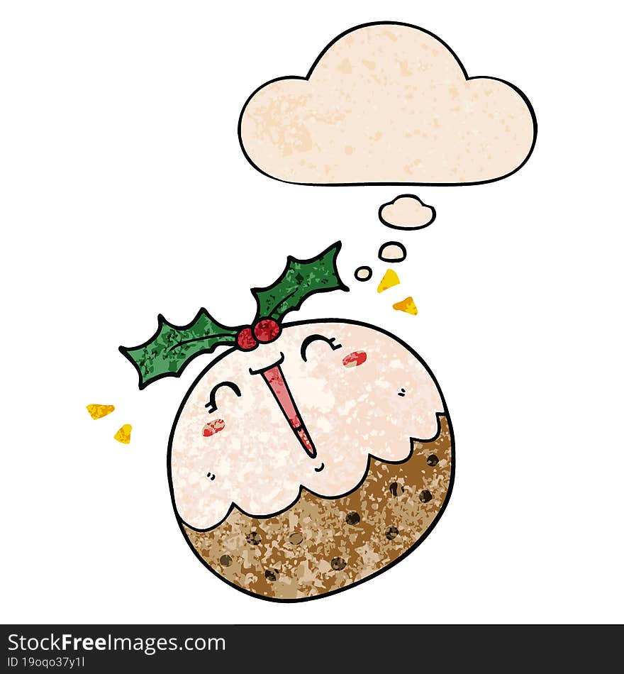 cute cartoon christmas pudding and thought bubble in grunge texture pattern style