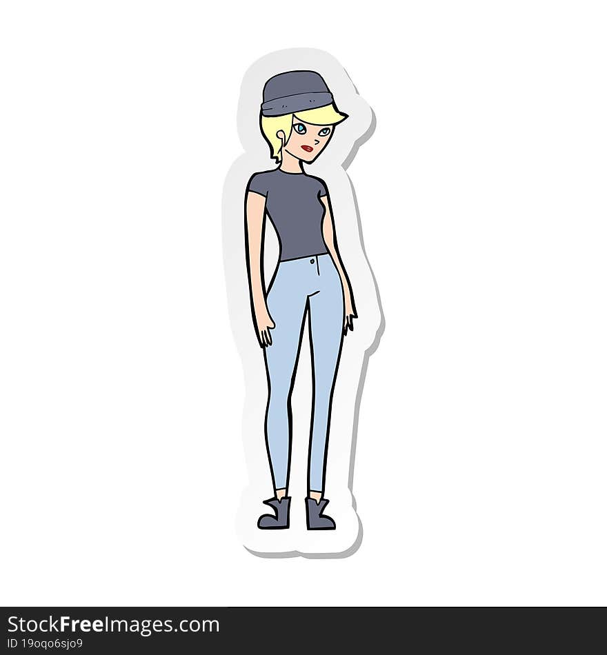 sticker of a cartoon pretty woman wearing hat