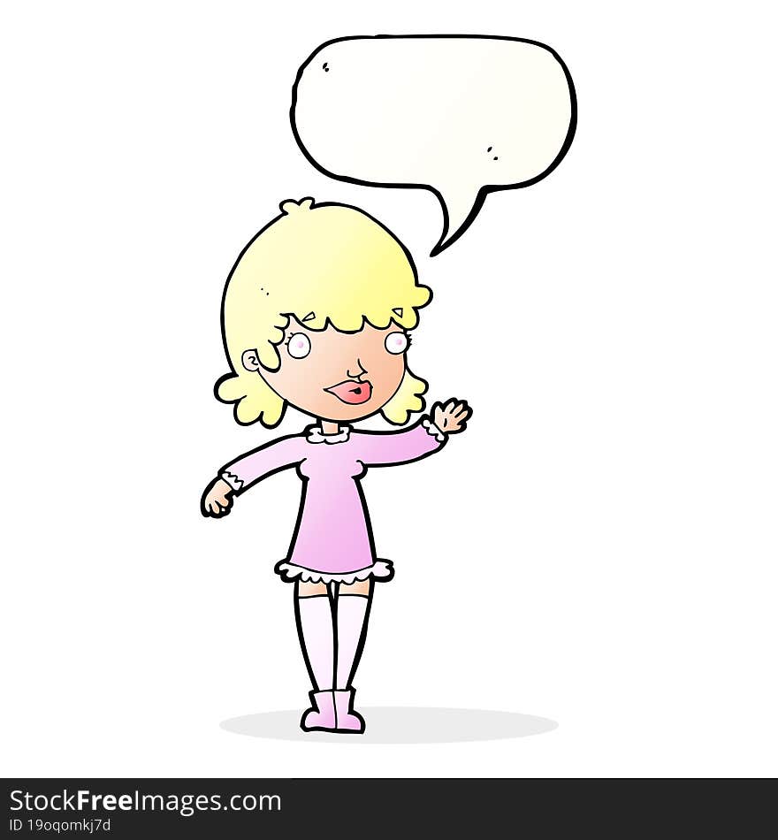 cartoon woman waving with speech bubble