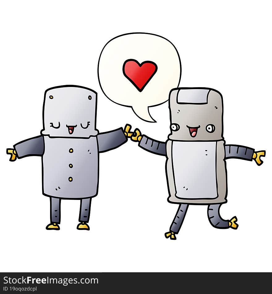 cartoon robots in love and speech bubble in smooth gradient style