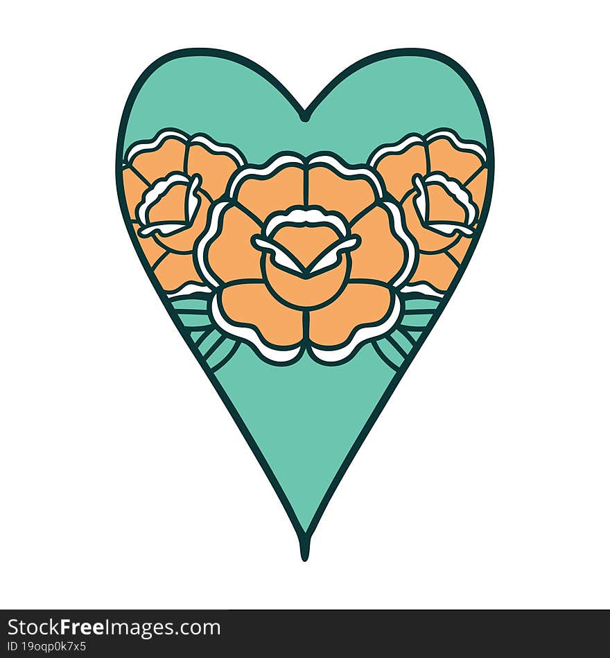 iconic tattoo style image of a heart and flowers. iconic tattoo style image of a heart and flowers