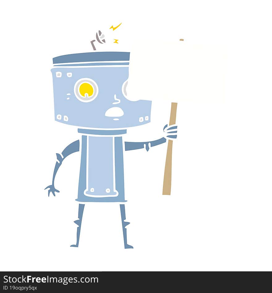 flat color style cartoon robot with blank sign