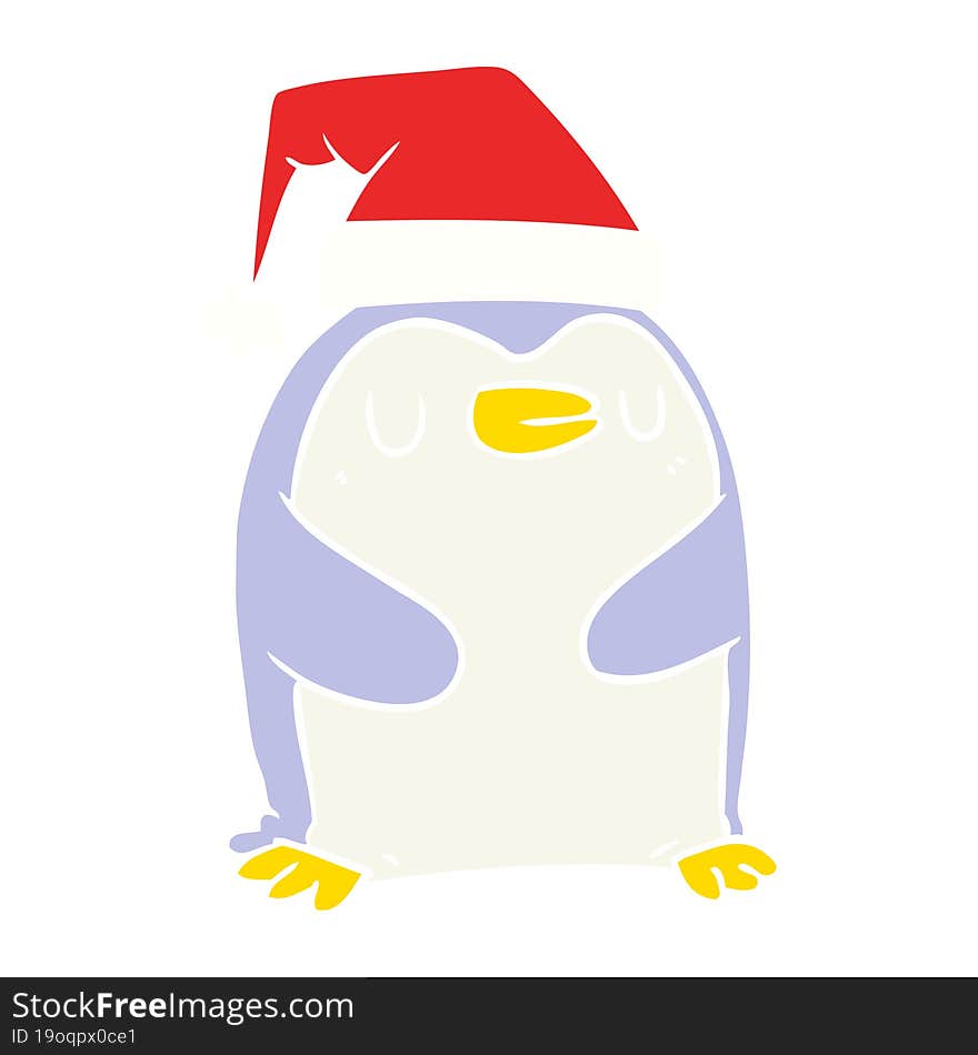 flat color style cartoon penguin wearing christmas hat