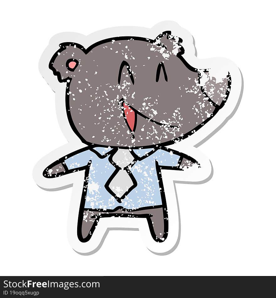 distressed sticker of a cartoon bear in shirt and tie