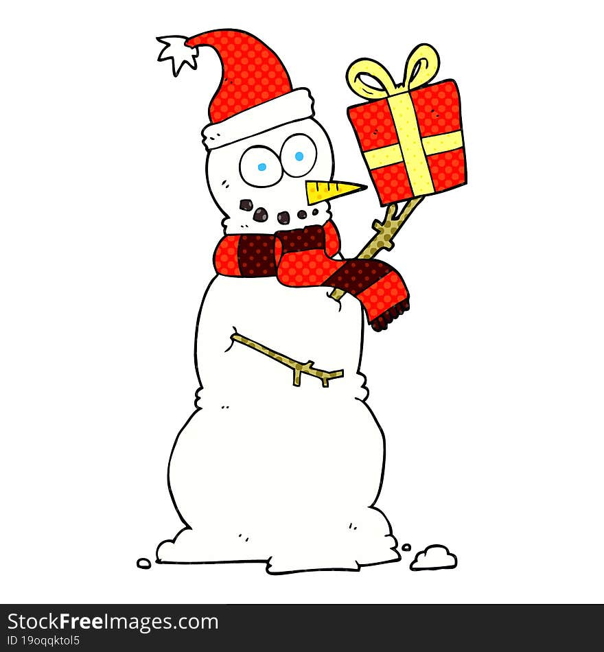 Cartoon Snowman Holding Present