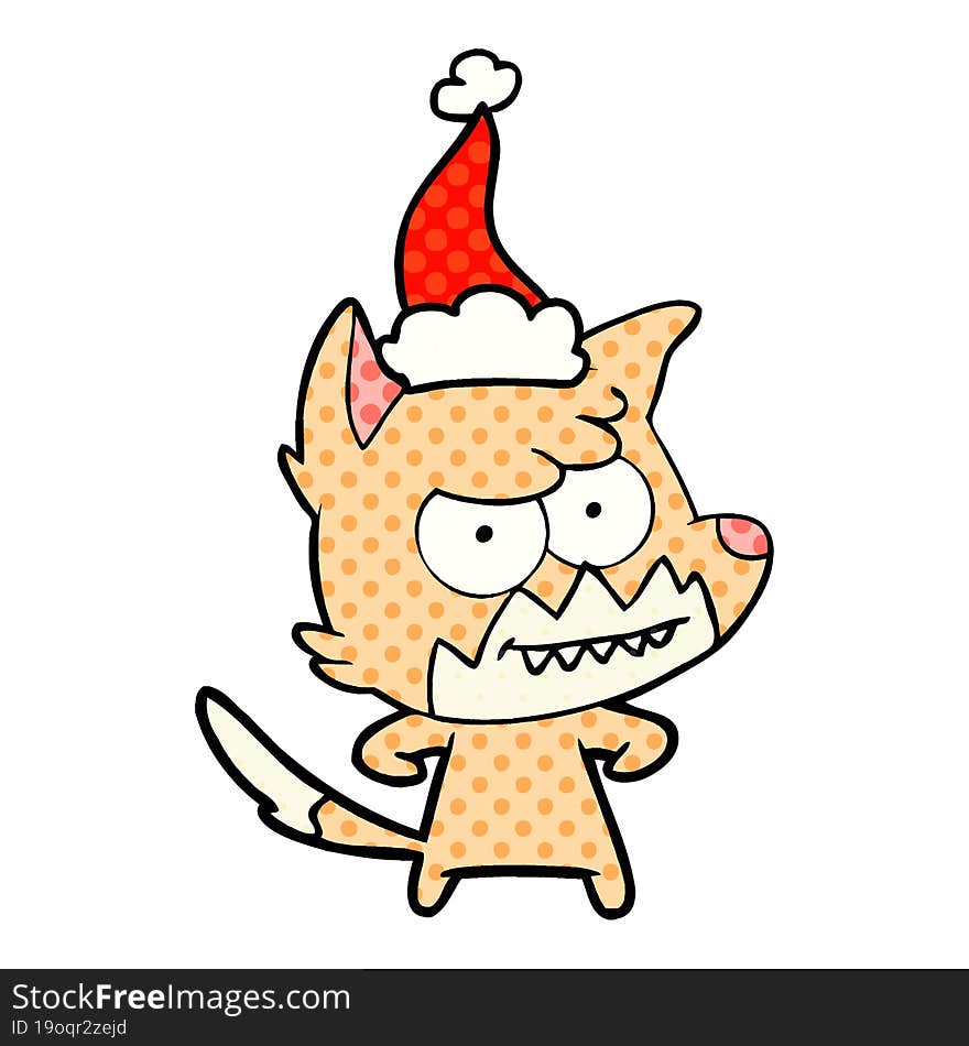 comic book style illustration of a grinning fox wearing santa hat