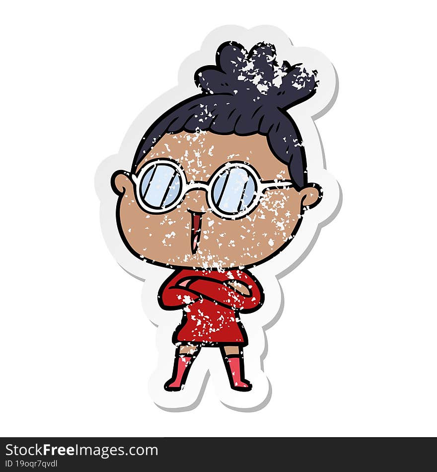 distressed sticker of a cartoon woman wearing spectacles