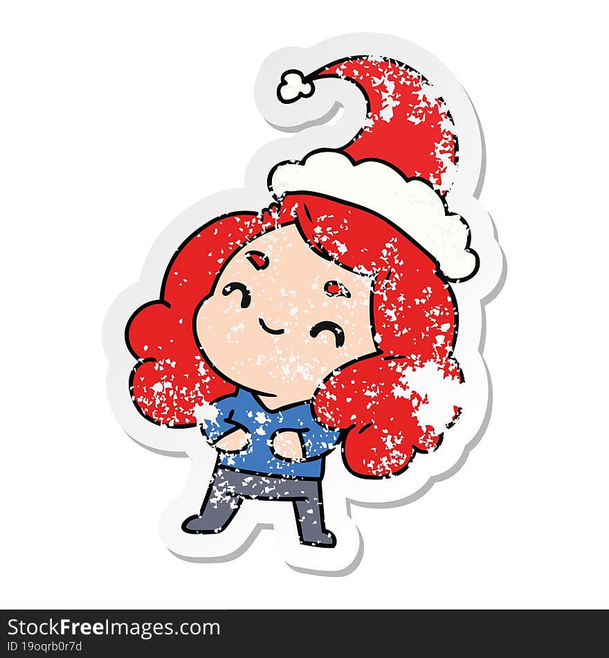 hand drawn christmas distressed sticker cartoon of kawaii girl