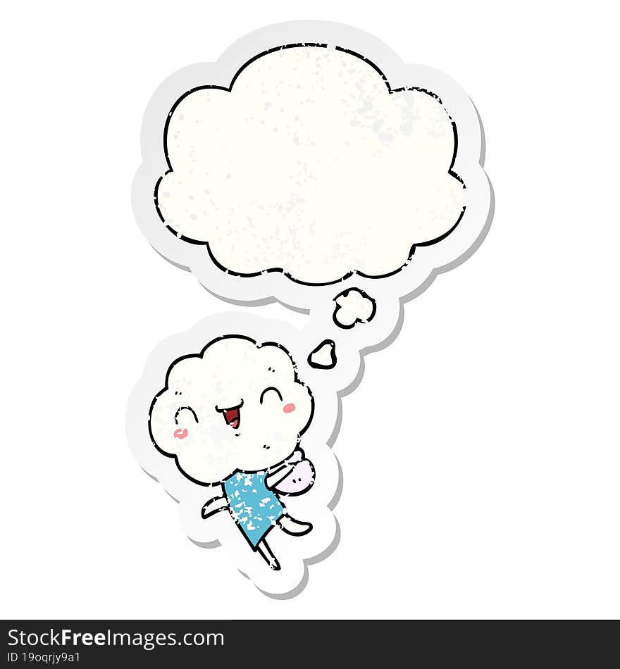 cute cartoon cloud head creature and thought bubble as a distressed worn sticker