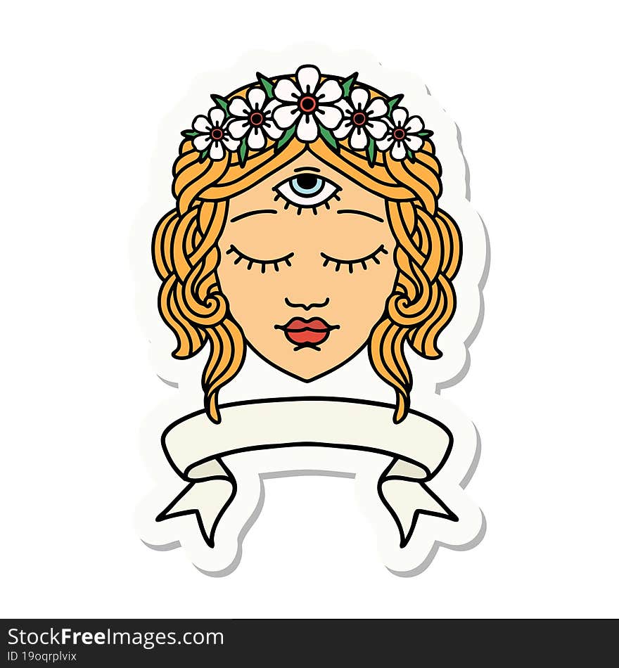 tattoo style sticker with banner of female face with third eye and crown of flowers. tattoo style sticker with banner of female face with third eye and crown of flowers