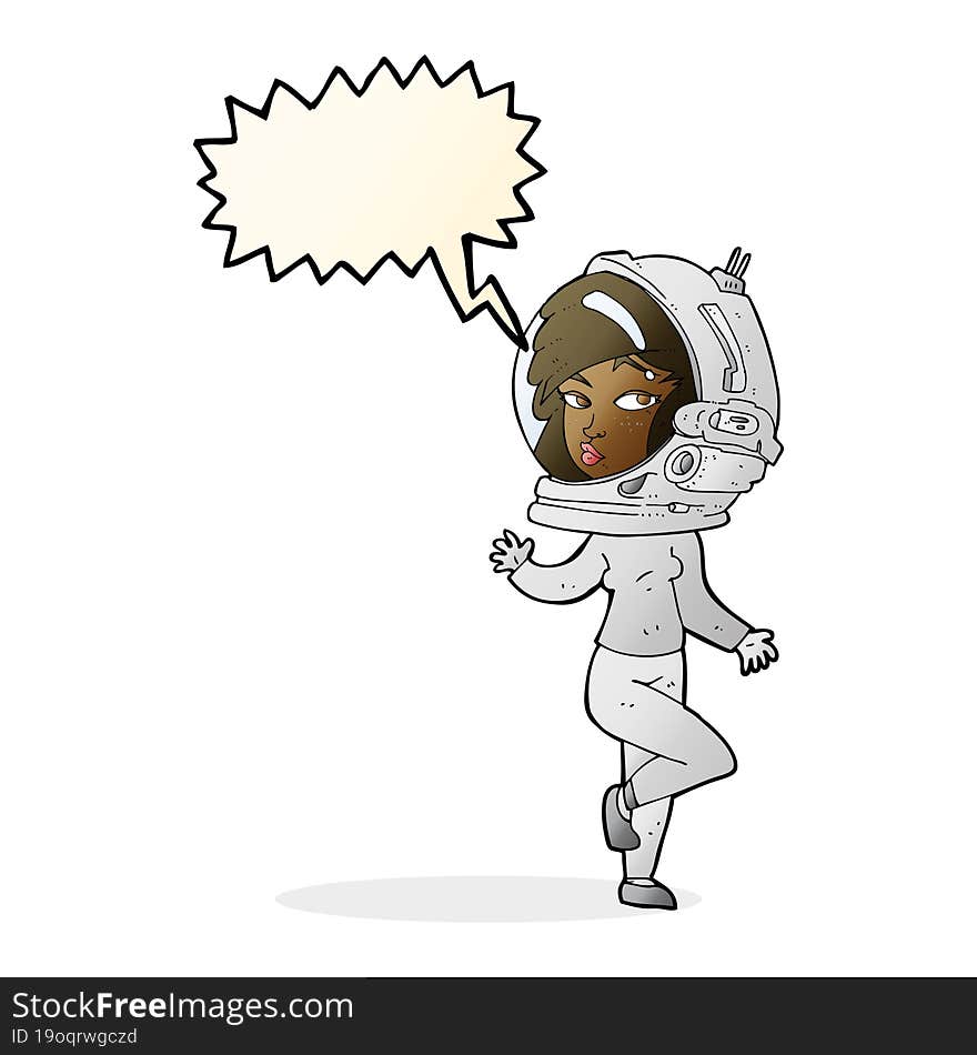 cartoon woman wearing space helmet with speech bubble