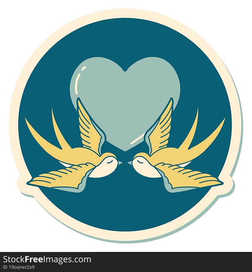 sticker of tattoo in traditional style of swallows and a heart. sticker of tattoo in traditional style of swallows and a heart