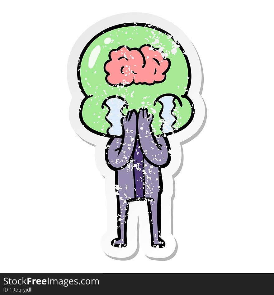 distressed sticker of a cartoon big brain alien crying