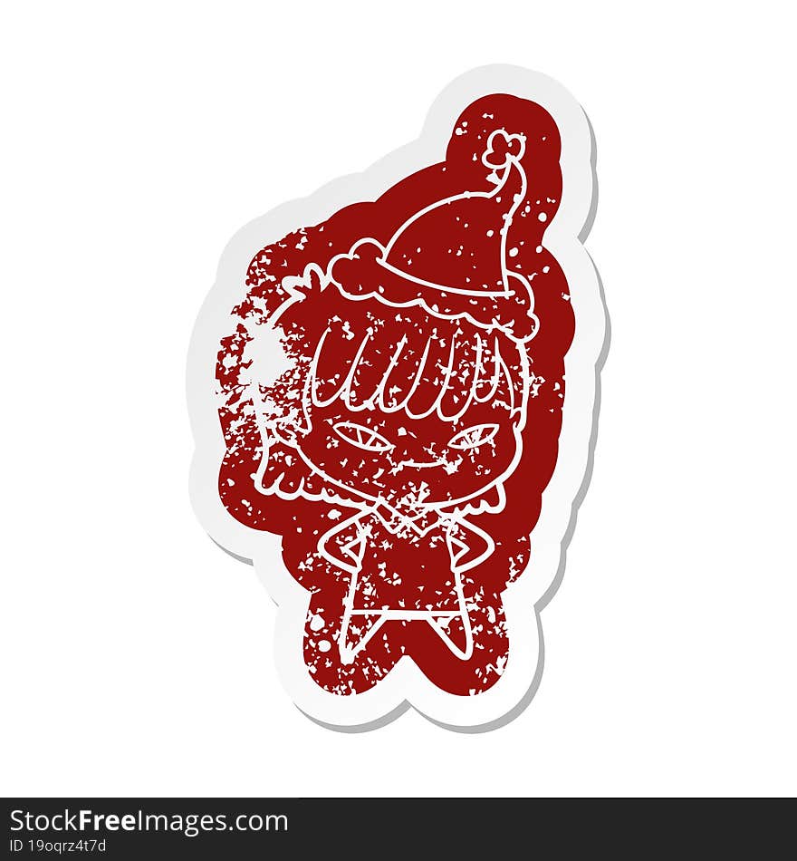 cartoon distressed sticker of a woman wearing santa hat