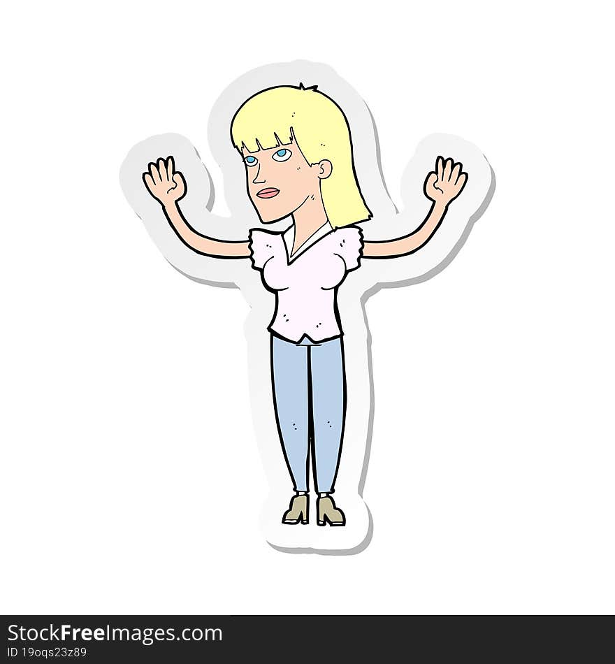 sticker of a cartoon woman throwing hands in air