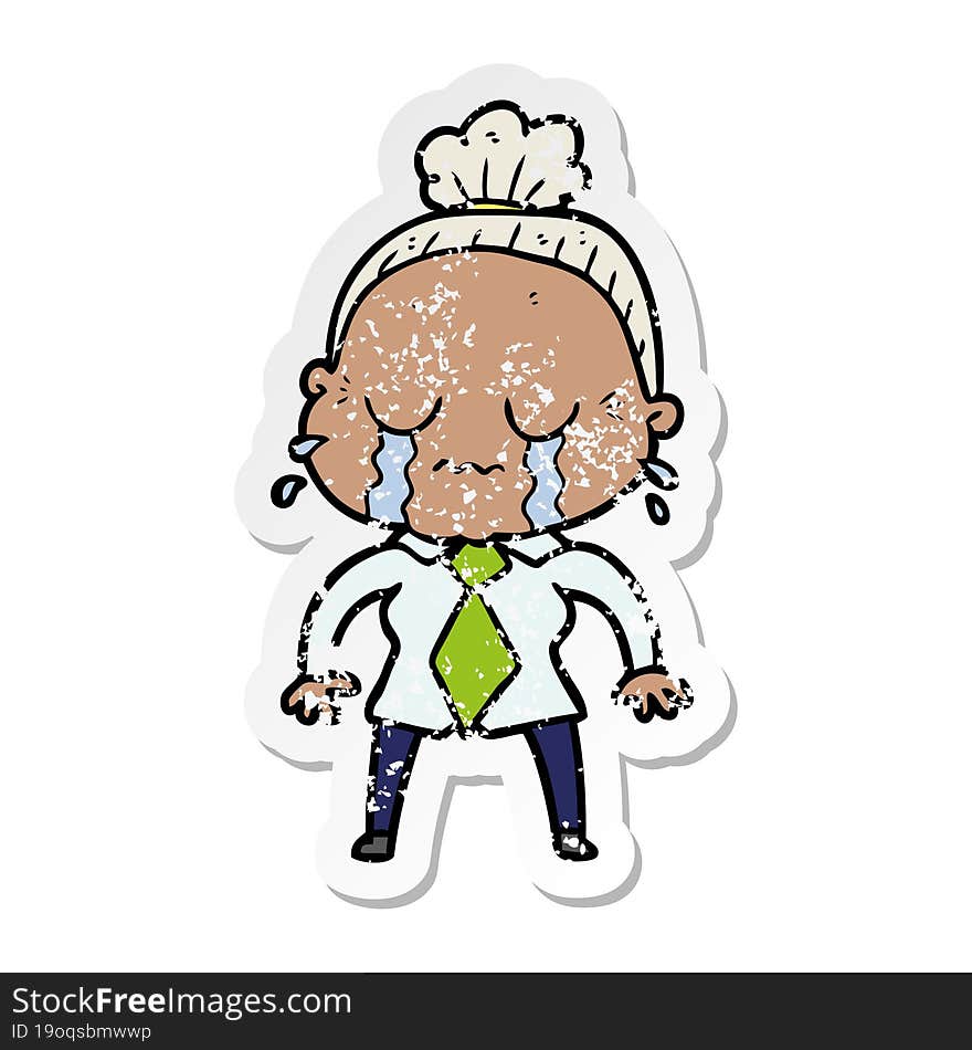 distressed sticker of a cartoon crying old lady