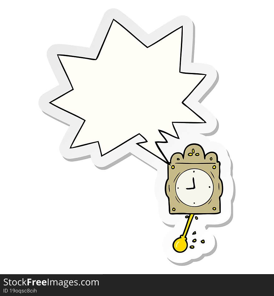 cartoon ticking clock with pendulum with speech bubble sticker. cartoon ticking clock with pendulum with speech bubble sticker